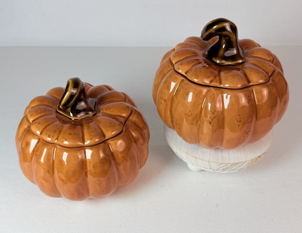 Set of 2 Ceramic Pumpkin Covered Dish Bowl Orange Chris Madden for JC Penny